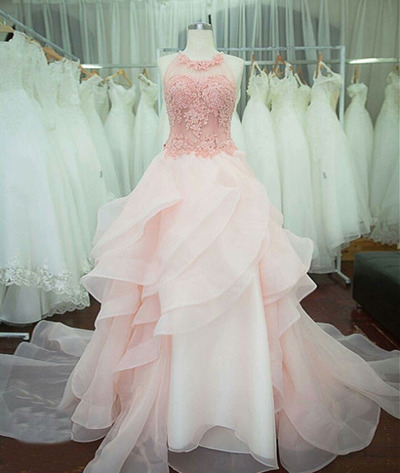 Scoop Neck Organza Wedding Dresses Lace Appliques Floor Length Women Bridal Gowns