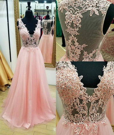 Deep V-neck Tulle Prom Dresses Lace Appliques Women Party Dresses