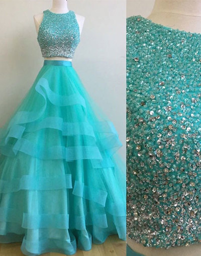 Two Pieces Tulle Prom Dresses Crystals Beaded Women Dresses