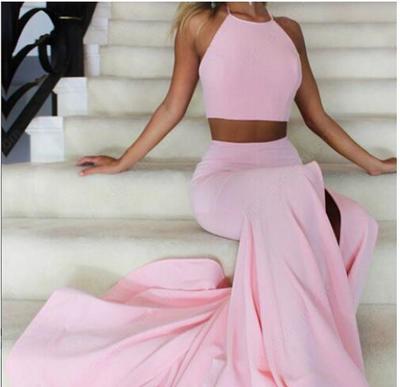 Sexy Two Pieces Prom Dress Crew Neck Two Pieces Prom Dress Side Slit Sleeveless Evening Dresses