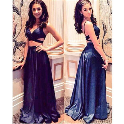 New Arrival V-Neck Two Piece Prom Dresses Long Sexy Backless Party Gowns Two Pieces Royal Blue Pleated Party Dress