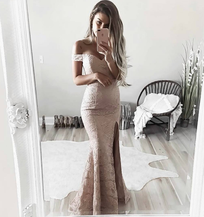 Mermaid Lace Evening Dress,Sexy Slit Prom Dress, Off Shoulder Sleeves Lace Graduation Dress