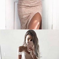 Mermaid Lace Evening Dress,Sexy Slit Prom Dress, Off Shoulder Sleeves Lace Graduation Dress - Thumbnail 1
