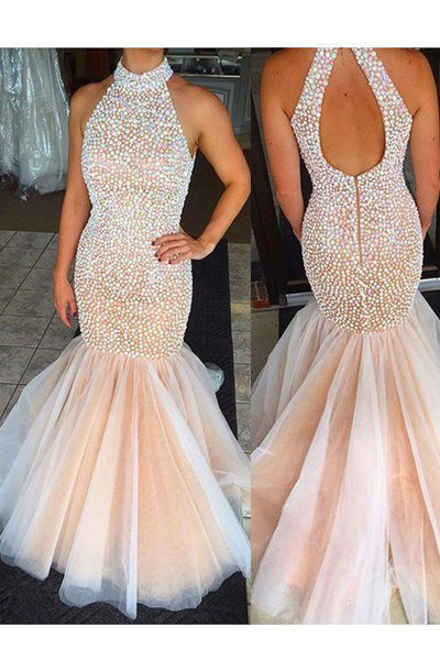 Sexy Luxury Prom Dress Mermaid Evening Dresses Pink Beaded Crystal Sequins Vestido De Festa Floor Length Party Evening Gown