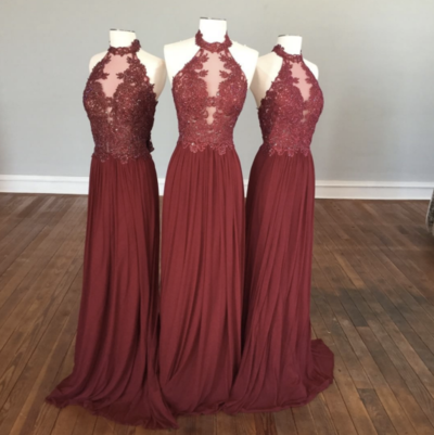 Halter Neck Chiffon Prom Dresses Lace Appliques Beaded Women Dresses