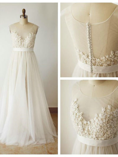 A line High Quality French Lace Illusion Beach Wedding Dress