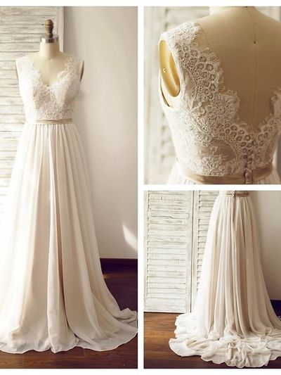 Discount A line V-back French Lace Wedding Dress