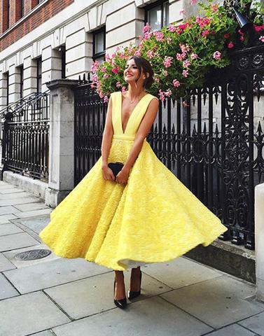 yellow prom dresses,tea length prom dresses,lace prom dress, lace homecoming dress,BD170401