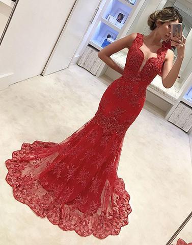 2017 prom dresses,Red prom dresses,v neck prom dresses,lace prom dresses,mermaid prom dresses,long prom dress, red evening dress,BD170404