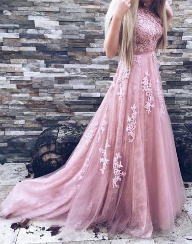 2017 prom dresses,Pink prom dresses,round neck prom dresses,lace tulle prom dresses,long prom dress, evening dress,BD170406