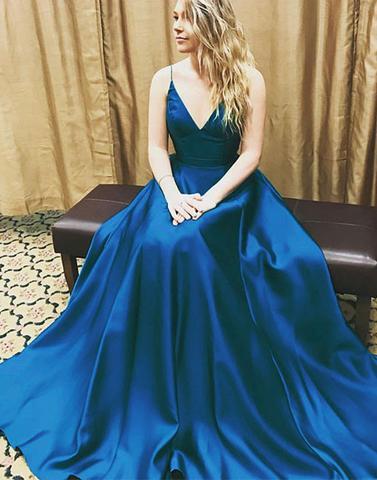 2017 prom dresses,Simple prom dresses,v neck prom dresses,blue evening dress, blue formal dress,BD170410