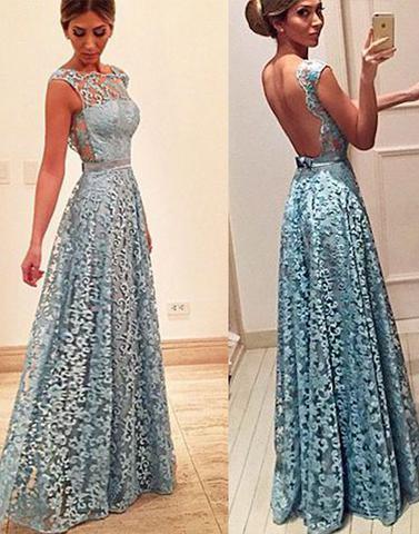 2017 prom dresses,Blue prom dresses,round neck prom dresses,lace prom dresses,long prom dress, blue lace evening dress,BD170412