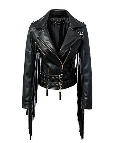 New Women Handmade Leather Fringe Fashion Biker Belted Jacket
