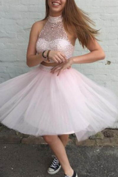 Halter Neck Short Tulle Prom Dresses Beaded Women Dresses