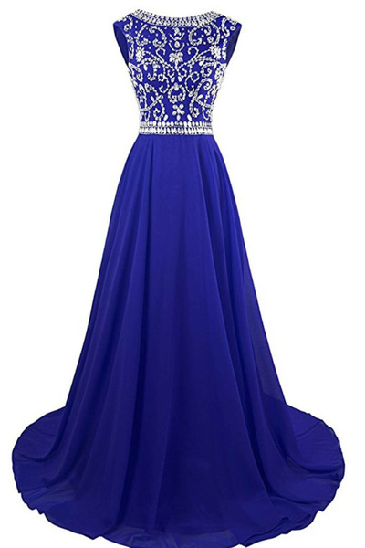 Scoop Neck Navy Blue Chiffon Prom Dresses Crystals Women Dresses