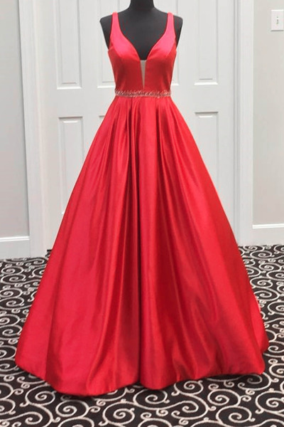 V-neck Long Satin Prom Dresses Floor Length Women Dresses