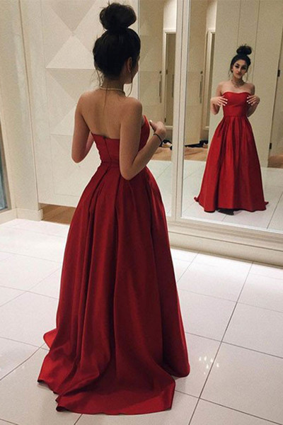 Sweetheart Neck Red Satin Prom Dresses Floor Length Women Dresses
