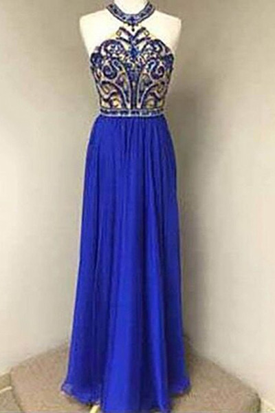 Halter Neck Navy Blue Chiffon Prom Dresses Crystals Beaded Women Dresses