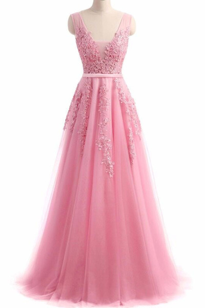 V-neck Long Tulle Prom Dresses Lace Appliques Floor Length Women Dresses