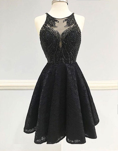 Scoop Neck Black Short Lace Prom Dresses Beaded Women Dresses