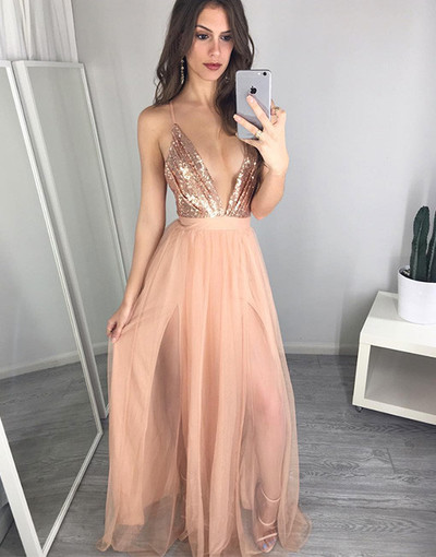 V-neck Long Tulle Prom Dresses Sequin Lace Women Dresses