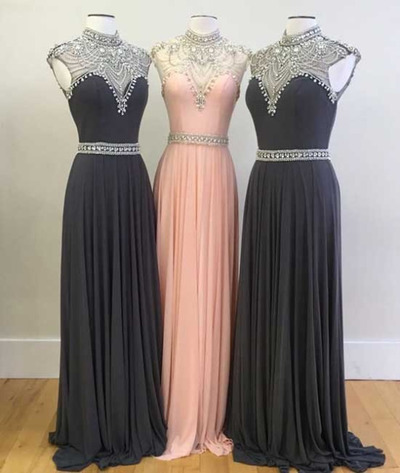 High Neck Long Chiffon Prom Dresses Crystals Women Dresses
