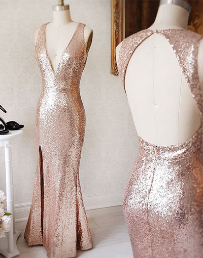 Open Back Sequin Lace Prom Dresses V-neck Floor Length Women Dresses
