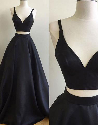 Two Pieces Black Satin Prom Dresses Spaghetti Straps Women Dresses
