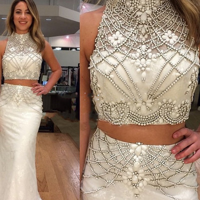 fashion luxury two piece long prom dress high neck crystal beaded mermaid women pageant gown for formal evening party
