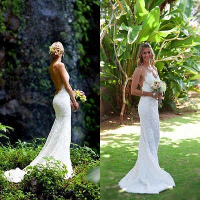 Sexy Garden Beach White Mermaid Wedding Dresses Backless Lace Spaghetti Sheer Bridal Gowns Custom Made Wedding Dress