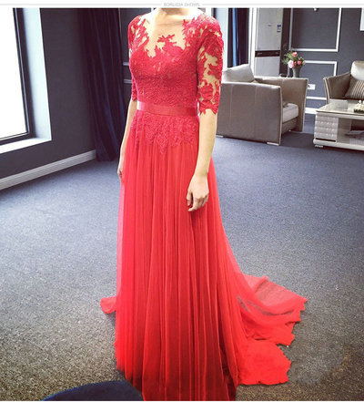 Long Sleeves Red Lace Evening Dress,High Quality Lace Prom Dress