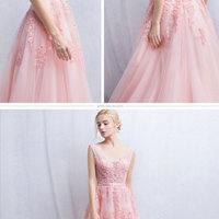 A Line Pink Prom Dress,V-neckline Lace Evening Dress,Sexy Tulle Graduation Dress - Thumbnail 1