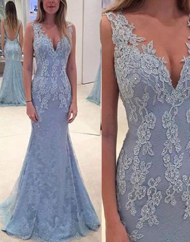 Blue v neck lace mermaid long prom dress, blue evening dress,BD171205