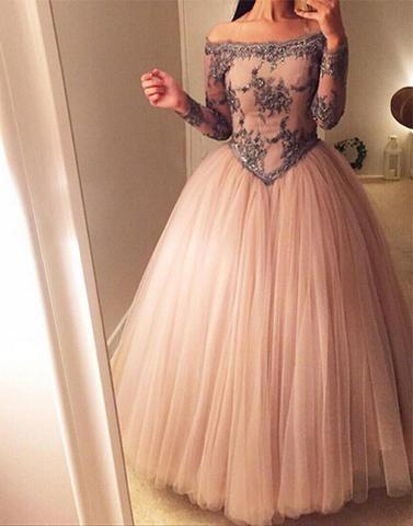 Elegant off shoulder tulle lace long prom dress, sweet 16 dress,BD171207
