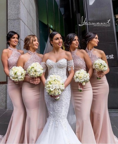Mermaid Halter Neckline Open Back Blush Lace Bridesmaid Dress