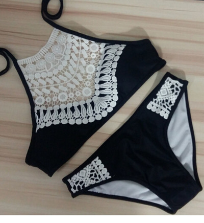 Halter Strappy Splicing Lace Swimsuit for Girls with Clasp Hook Closure