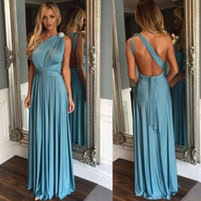 Blue One Shoulder Natural Backless Floor-length A-line Prom Dresses