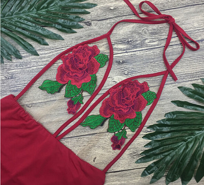 Sexy Sheer Flower Embroidery Top High Waist One Piece Swimsuit with Open Back