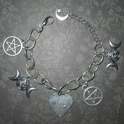 Witch Charm Bracelet with Pentagram, Heart, & Crescent Moon Charms