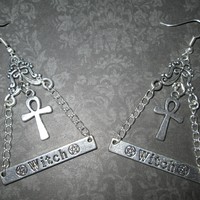 Occult Witch Pyramid Earrings with Ankh Pendants - Thumbnail 2