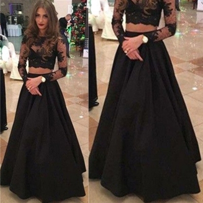 Black Long Sleeves A-line Lace Two Pieces Prom Dresses 2017