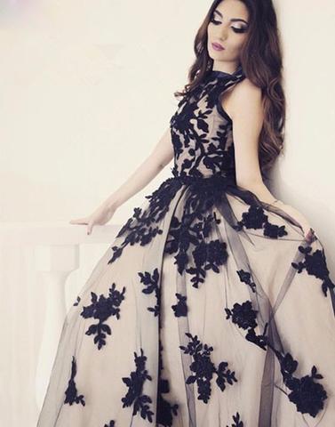 Black Round Neck Tulle Long Prom Dress, Black Evening Dresses A-Line Formal Dress,Party Gown
