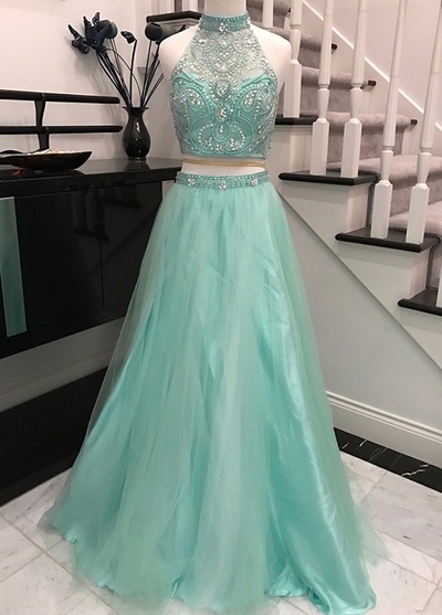 Mint Halter Two Pieces Long Tulle Prom Dresses For Teens,Elegant Evening Dresses,Modest Prom Gowns,Cheap Party Dresses,Women Dresses