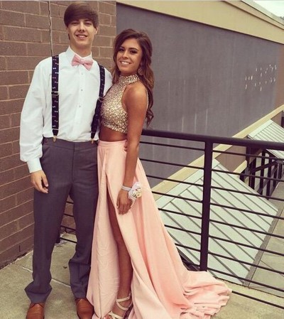 Sexy 2 Pieces Beading Pink Prom Dresses, Formal Dresses, Evening Dresses Evening Dresses, Real Made Evening Dresses