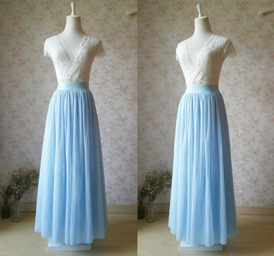 Light Blue Tulle Maxi Skirt High Waisted Floor Length Blue Tulle Skirt Wedding Bridesmaid Outfit