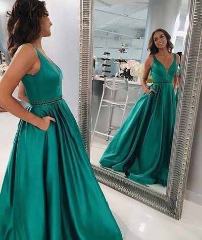 Elegant Prom Dress Evening Dress Green V-neck Satin Long Prom Dresses Formal Dress Evening Dresses