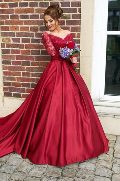 Ball Gown Off-the-Shouler Sweep Train Long Sleeves Burgundy Satin Prom Dress with Appliques