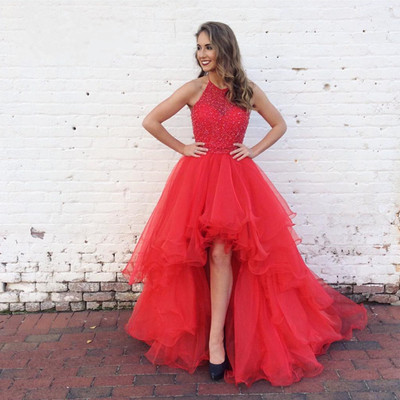 Hi-lo red prom dress,high low prom dress,prom dress,ruffles prom dress,front short long back