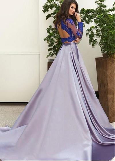 NEW Chic Tulle & Satin Jewel Neckline A-Line Two-piece Prom Dress With Lace Appliques