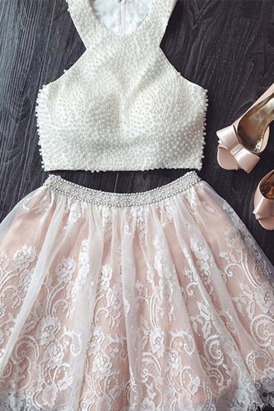 White lace two pieces pearl beading halter A-line short prom dresses for teens